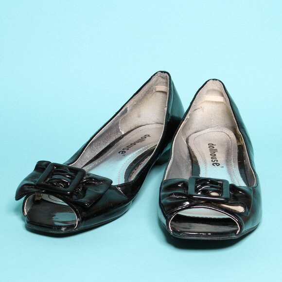 Peep Toe Bow Tie Flats Shiny Patent Black 7 - Picture 2 of 9